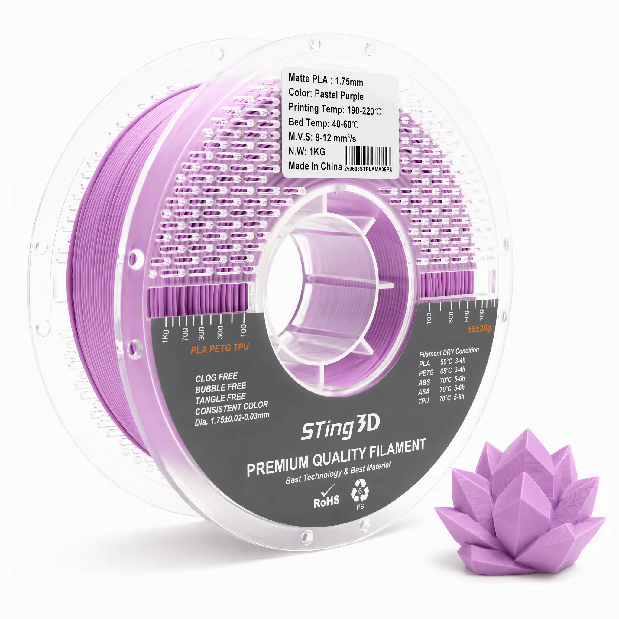 Sting3D Hot Selling  Matte/Pastel Color Pla Filament 175mm 1kg Plastic 3d Printing 175mm Pla Filament