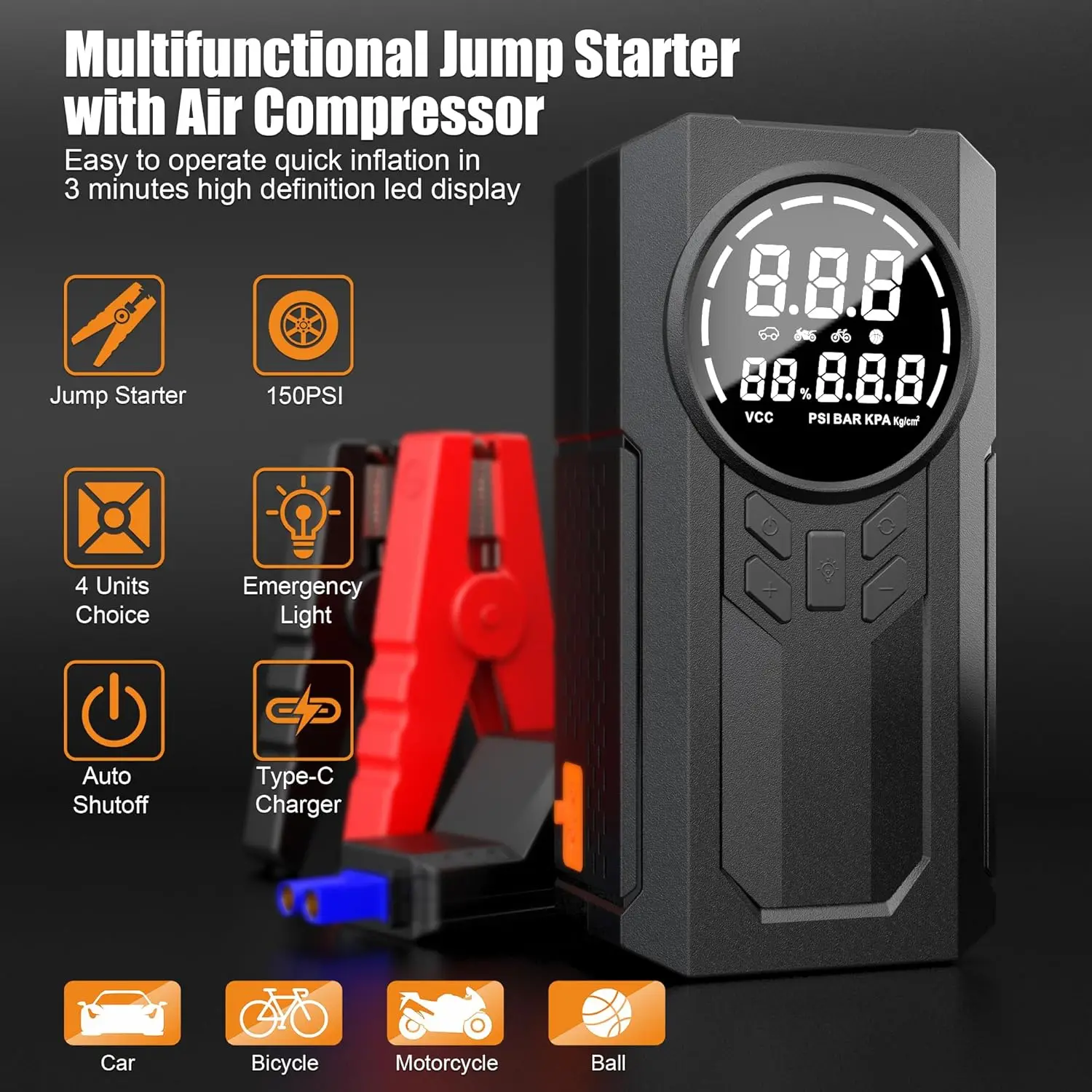 Multifunctional 4-in-1 Jump Starter with Inflator and Power Bank  LED Light Jump Starter with Inflator Car Booster with Digital