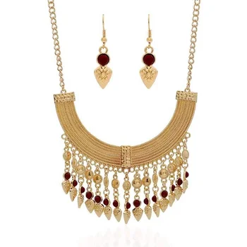 Fashion simple tassel gold coin coin Pendant Necklace Earrings Jewelry Set