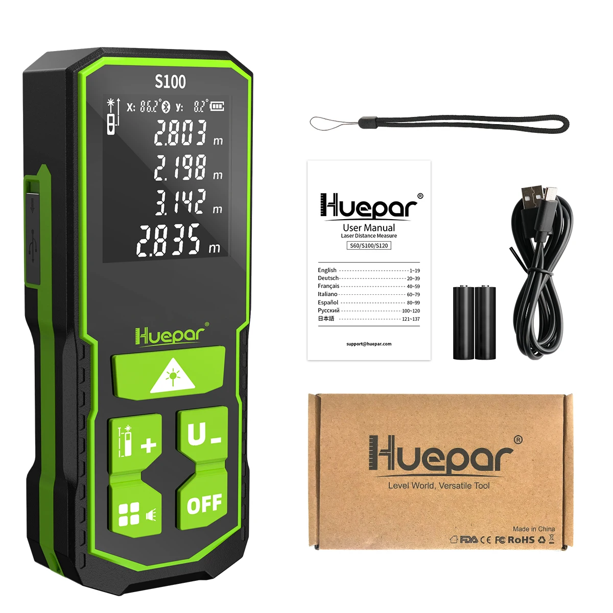 thumbnail image 2 of Huepar LM120A Laser Distance Meter – 120m Range, ±2mm Accuracy, Dual LCD, Volume/Area Modes 2 of 3