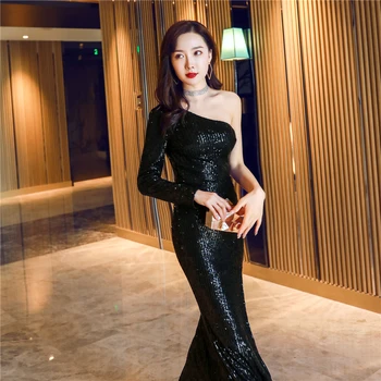 16511#Elegant women sexy evening long dresses Sleeve Sexy one-Shoulders Arabic Formal Prom Gowns
