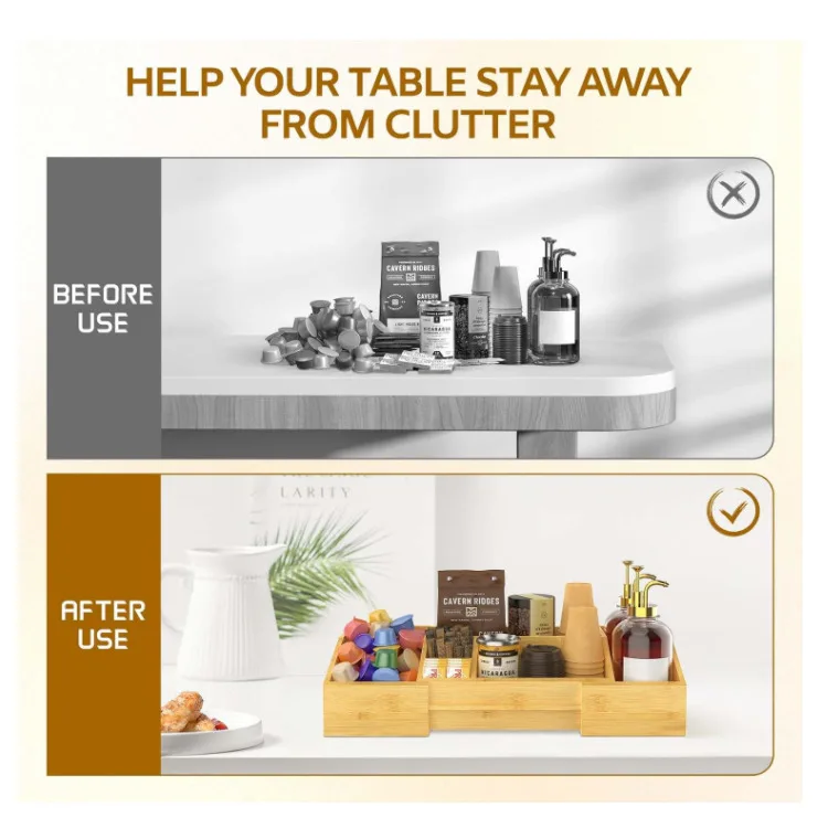 EsLuker.ly Bamboo Coffee Station Organizer | Extendable Countertop Coffee Bar Caddy | Pod Holder & Condiment Storage