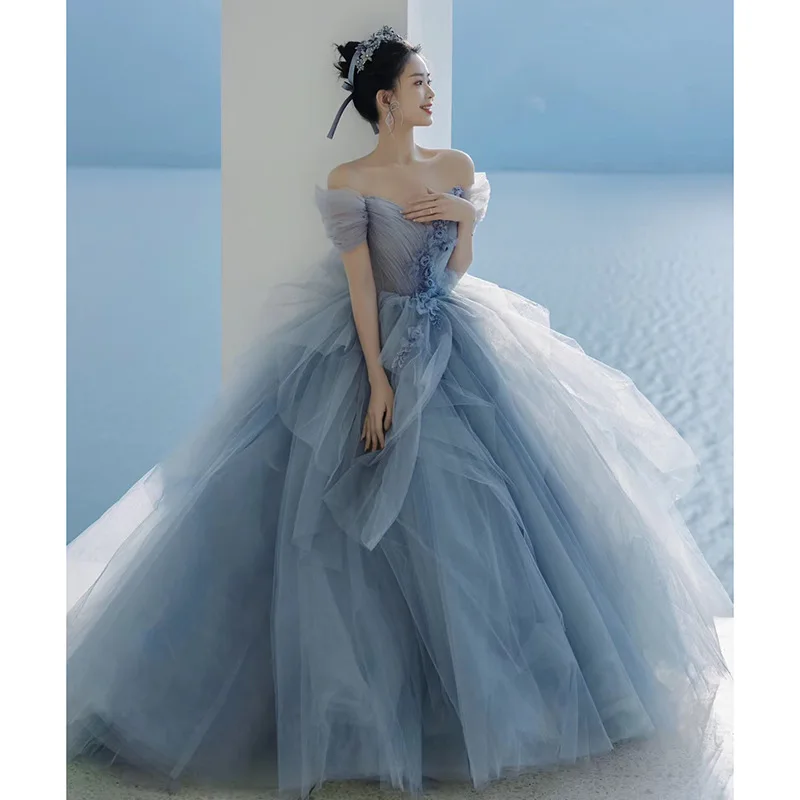 3500 High end Light Luxury Female Blue Sweetheart Collar Banquet Party Dress Stage Performance Prom Formal Dresses