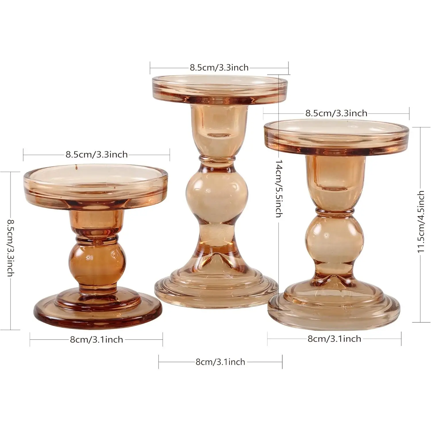 GMWD 3-Piece Modern Glass Candle Holder Set Amber Color Wedding Tabletop Decorations-Pillar Taper Tealight Stand 10x8x4 Inches - Image 5
