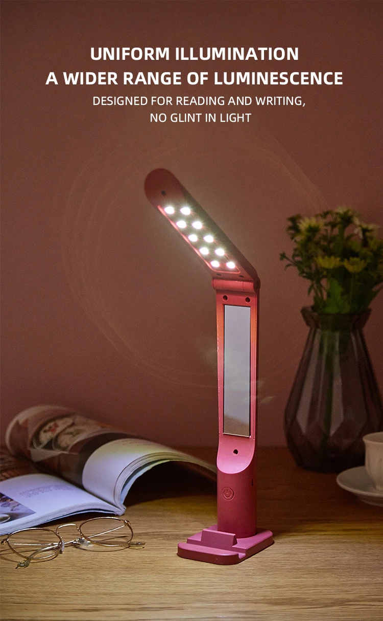 Foldable Rechargeable Eye Protection Cordless Multifunction LED Night Light desk Table Lamp with mirror phone holder factory