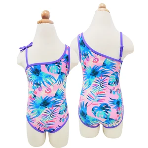 UPF50+Sun Protection Kids One Piece Swimsuit Irregular Shoulder Floral Print Swimwear Soft Girls Bathing Suit for Pool Beach