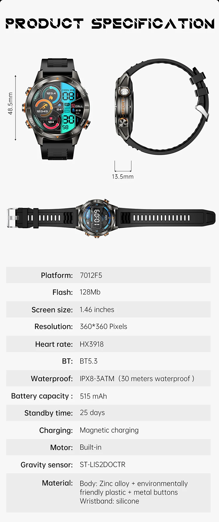 1.46inch Round KT80 Smartwatch 100+ Sports Waterproof Phone Dial Call Women  Men Smart Fitness Tracker Watch with Flashlight