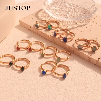 Gold Plated Brass Metal Hoop Earring Pink Fuchsia Gemstones Earring Collet Setting Gemstone Earrings Jewelry