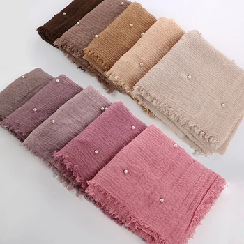 Hot Selling Plain Cotton Viscose Crinkle Muslim Hijab With Pearl Women Wrinkle Scarf Shawl
