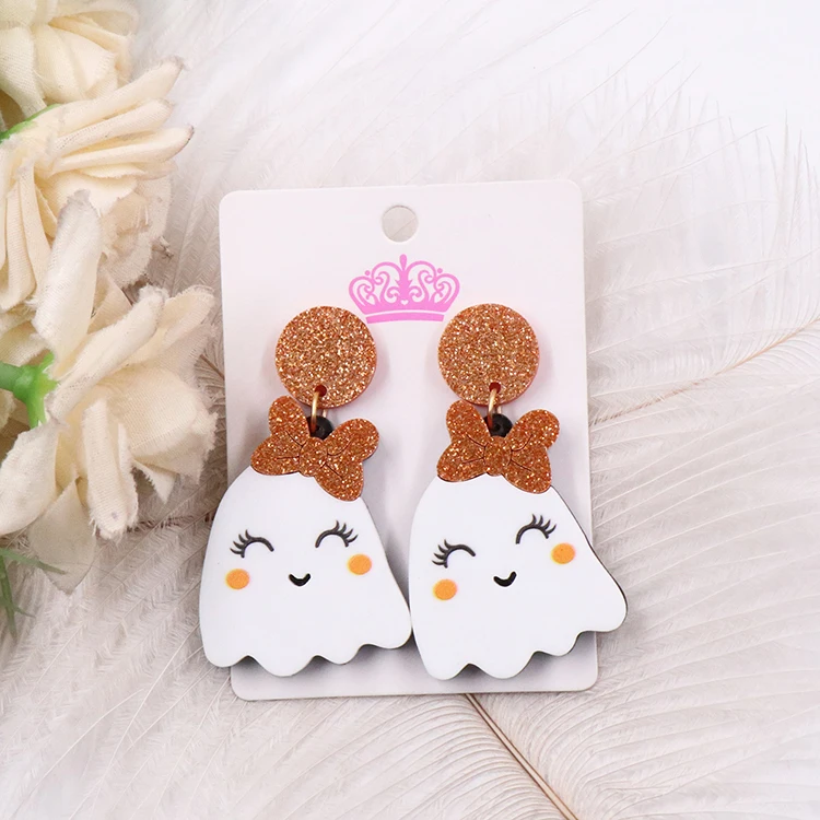 ERS693ER1499 Factory Wholesale Trendy Handmade Acrylic Drop Earrings Cute Orange Ghost with Fine Quality Halloween Parties factory