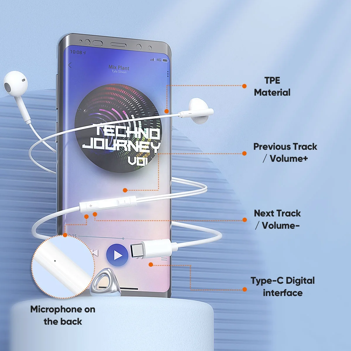 VIDVIE Stereo Real Android Digital USB Type C Handsfree Bass Mobile Wired Earphone With Mic Line Volume Control
