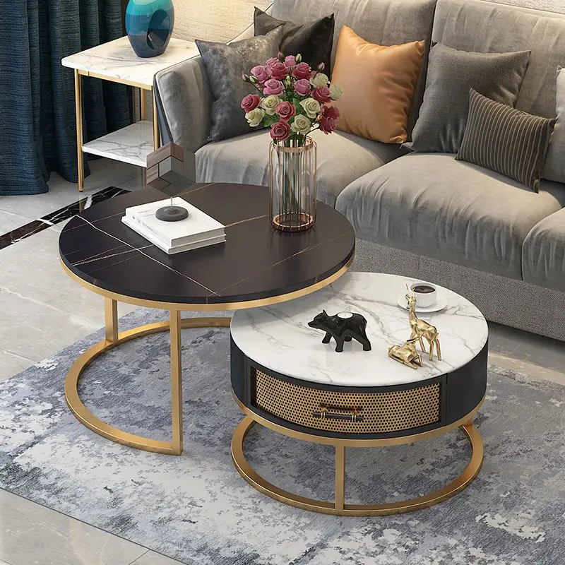 Unique Design Modern Nordic Simple Style Double Round Marble Coffee Table with Golden Metal Bracket for Living Room