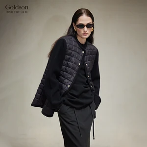 Women's Winter Thin Quilted Black Down Jacket with 95% White Duck Down Filling Checkered Pattern & Knit Spliced Sleeves