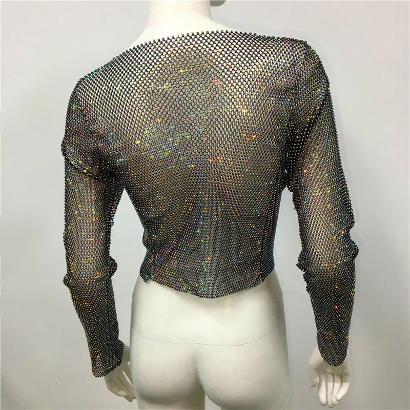Full Rhinestone Top For Women Stretchy Sexy Long Sleeve Shirt Solid ...
