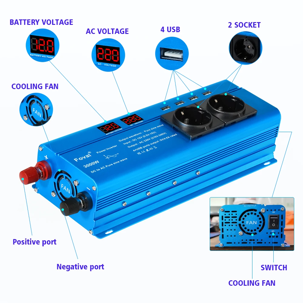 Foval 3000W Pure Sine Wave Inverter, DC 12V/24V to AC 110V/220V 