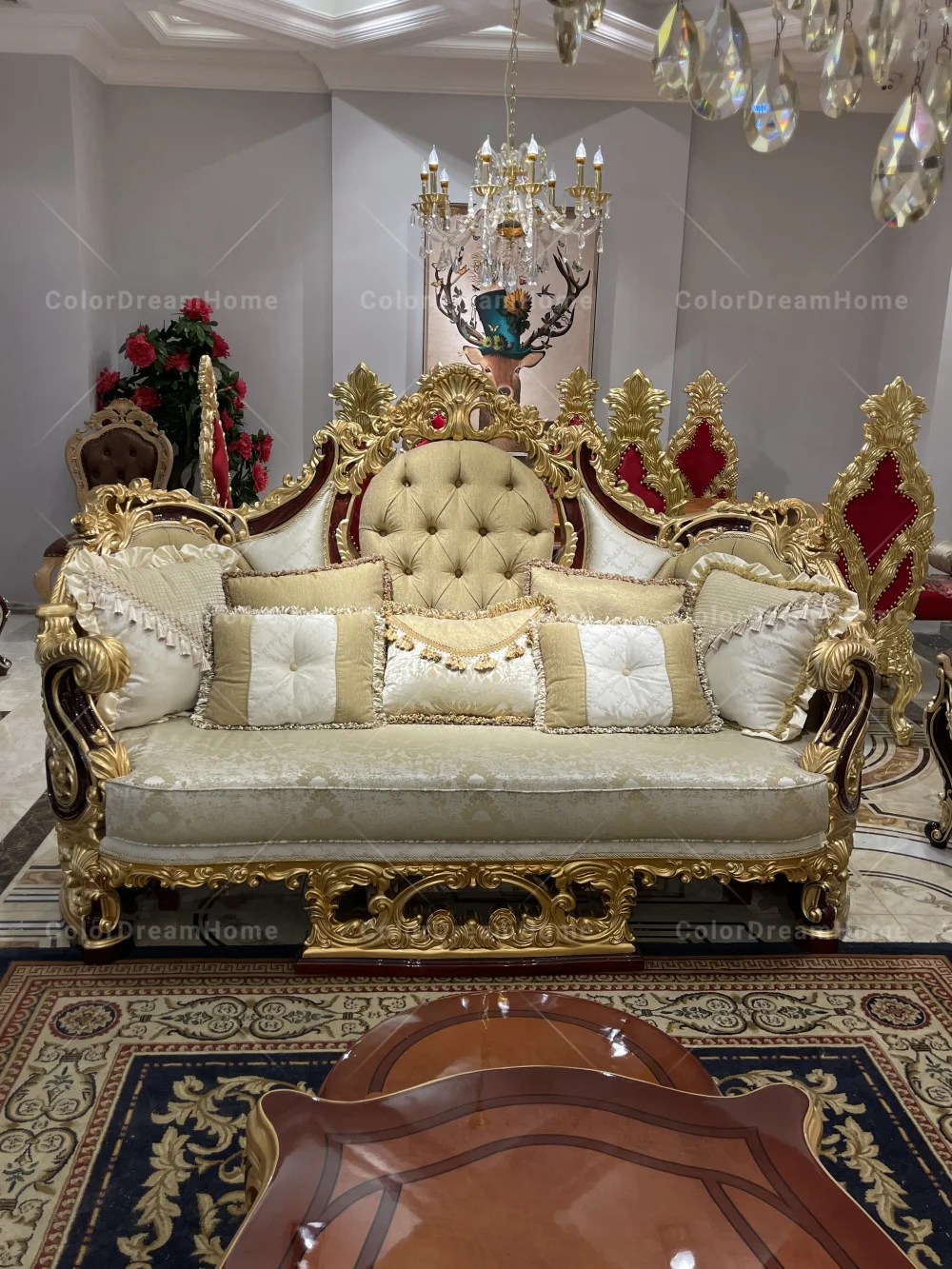 Royal Classic Home Gold Leaf Living Room Furniture Wooden Sofa Turkish ...