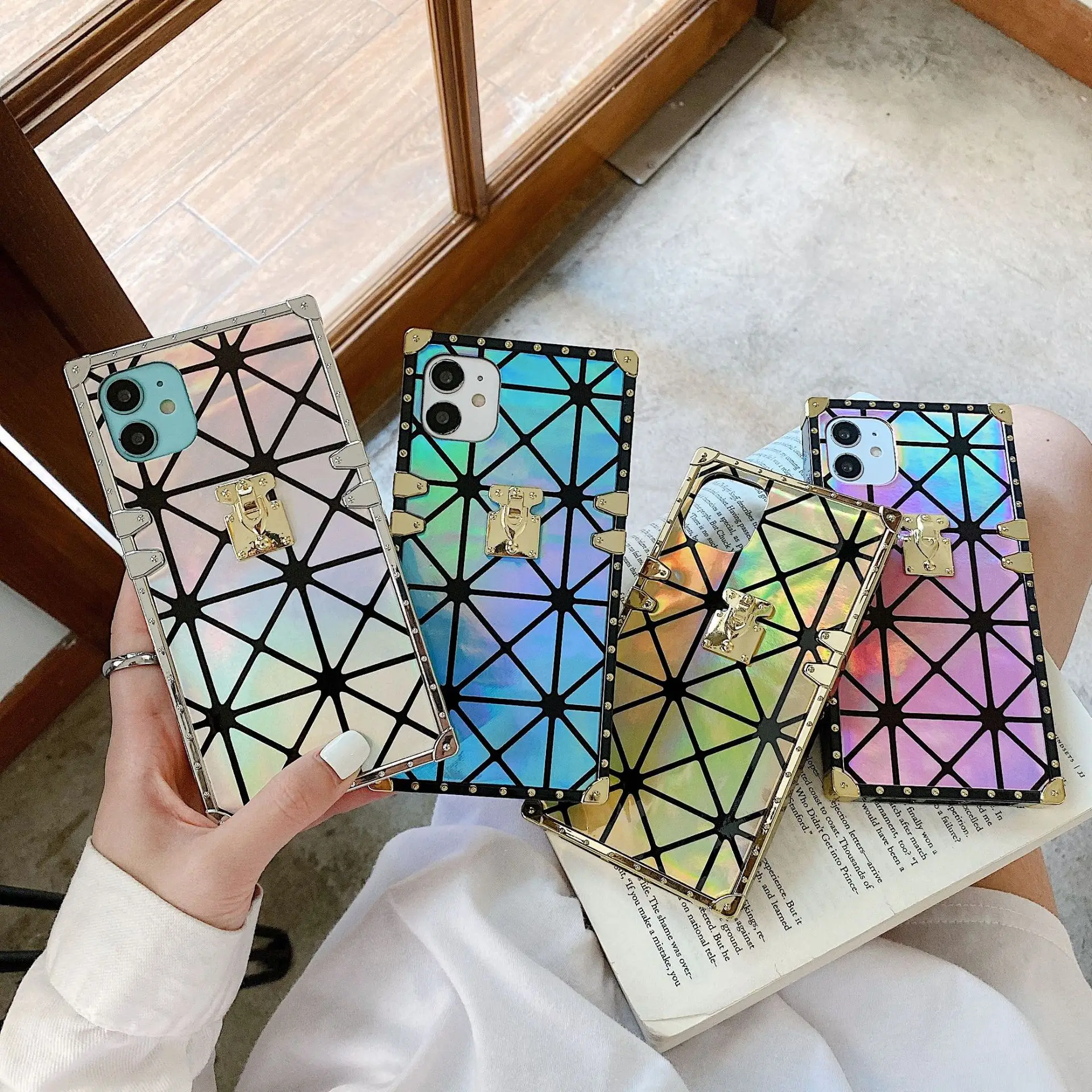 shockproof Laser Luminous Rhombus stich case cover writing laser luxury square phone cases for iphone