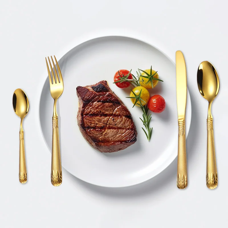 New Gold Flatware Set Embossed Handle 304 Knife Fork Spoon Silverware Stainless Steel Gold Cutlery Set for Wedding
