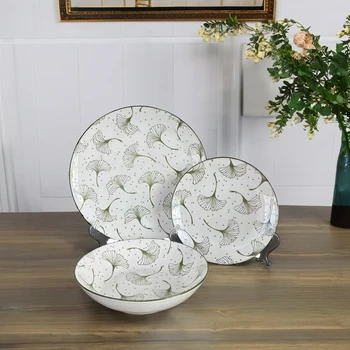 Customized Ceramic Pad Printing Tableware Sets New European Modern Green ginkgo leaves Porcelain Dinnerware Sets Dinner Sets