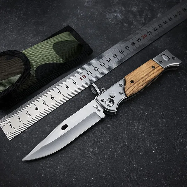 Portable Anti-Body Tactical Folding Knife High-Hardness Survival Knife with Wood Handle for Outdoor Field DIY
