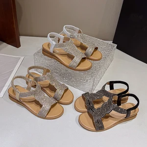 New Wholesale Trendy Large Size Casual Flat Lady Roman Beach Rhinestone Sandals Women's Shoes Wedges Sandals for Ladies