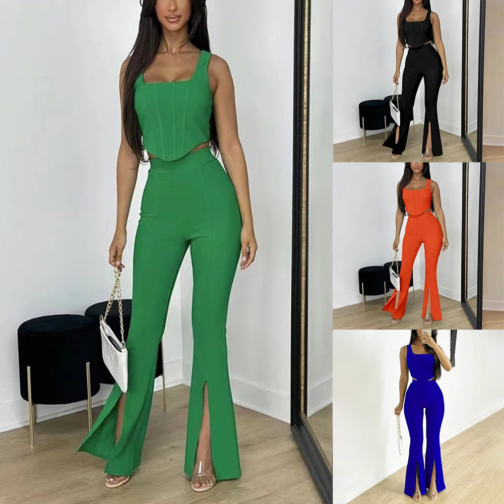 Sexy Green Outfits Crop Top And Slit Pants 2 Piece Set For Women Buy 2 Piece Set Women Sexy 0933