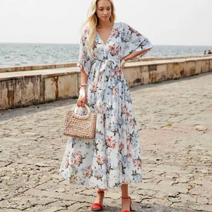 Women's Summer Casual Boho Flowy Maxi Dress V-Neck with Flare Sleeve Floral Print Floor-Length Chiffon for Beach Wedding Guests