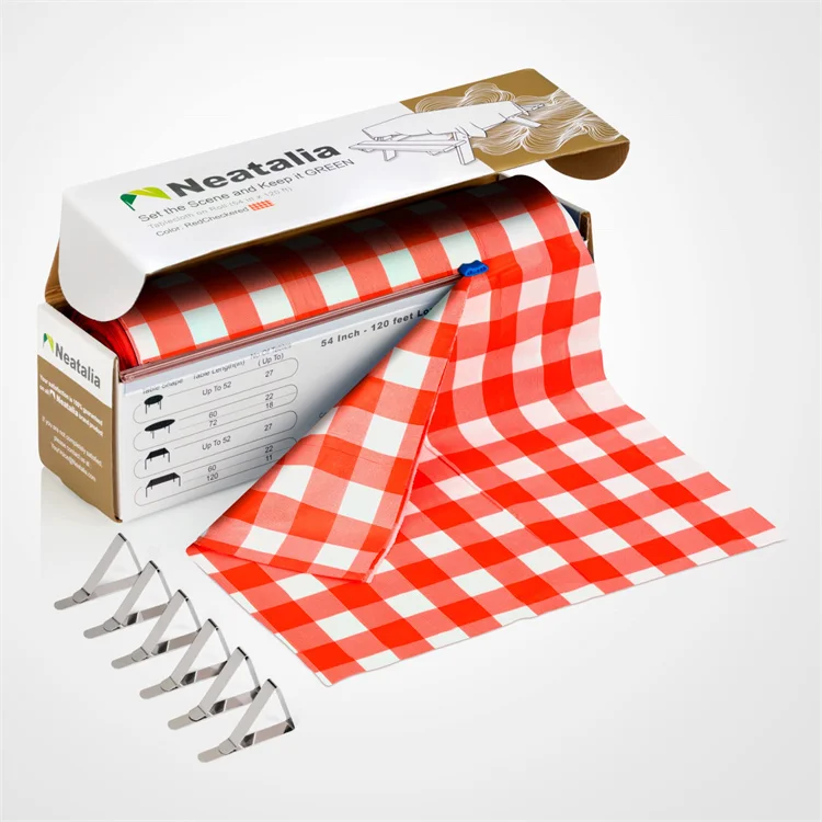 Custom Red Checkered Disposable Plastic Tablecloth Roll with Slide Cutter Plus 6 Metal Table Cover Clips for Any Size Shape