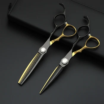 Direct Selling 6 "black gold flat scissors with dragon handle hairdressing barber hair scissor for professional