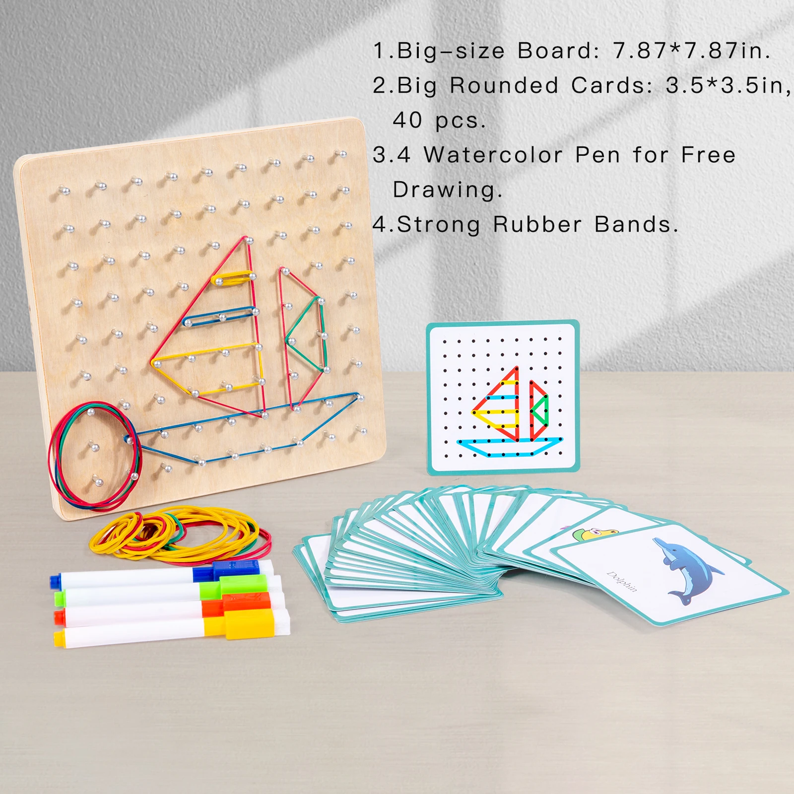 Auvewilo Wooden Geoboard With Rubber Bands - Montessori STEM Toy For Kids 3+