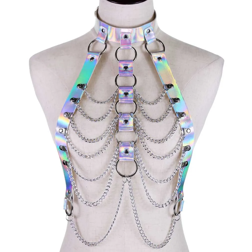 Rave Hologram Chest Harness Bra & Choker Chain Belt  display picture 2