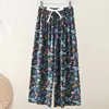 Pantaloni a gamba larga in cotone e seta con motivo uccelli e fiori
