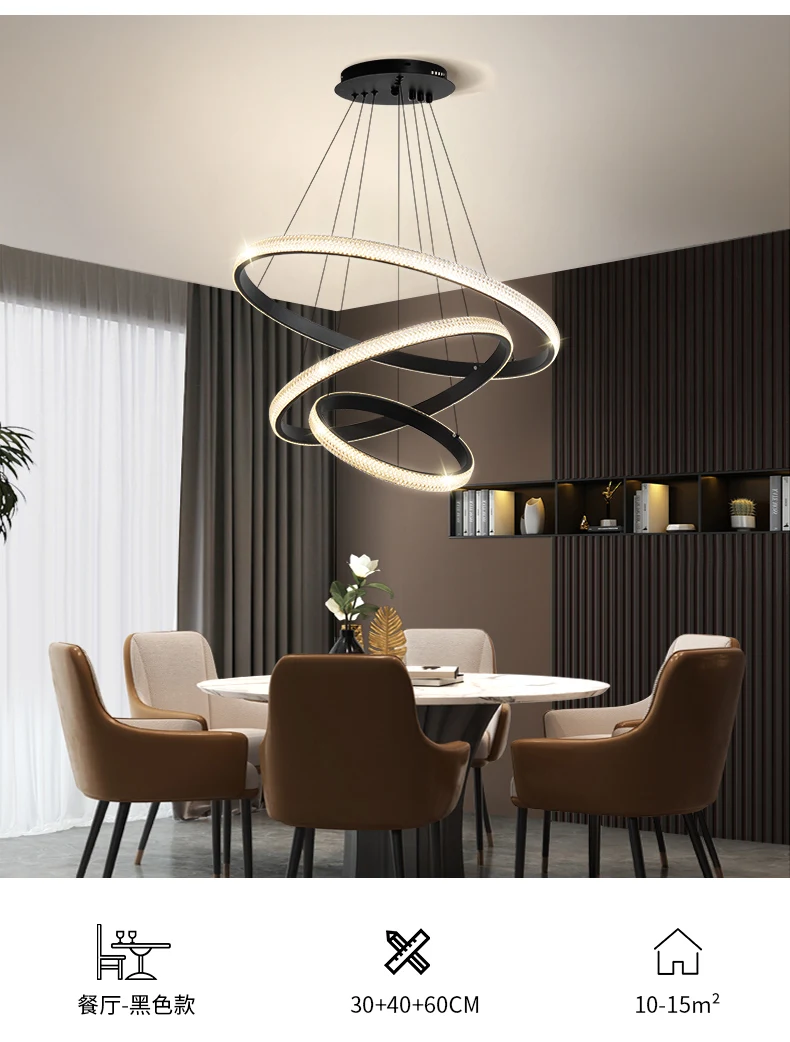 Lustre de led moderno e redondo, luminária ajustável, pendente de teto, lâmpada com três anel, coleção, sala de jantar, metal 80