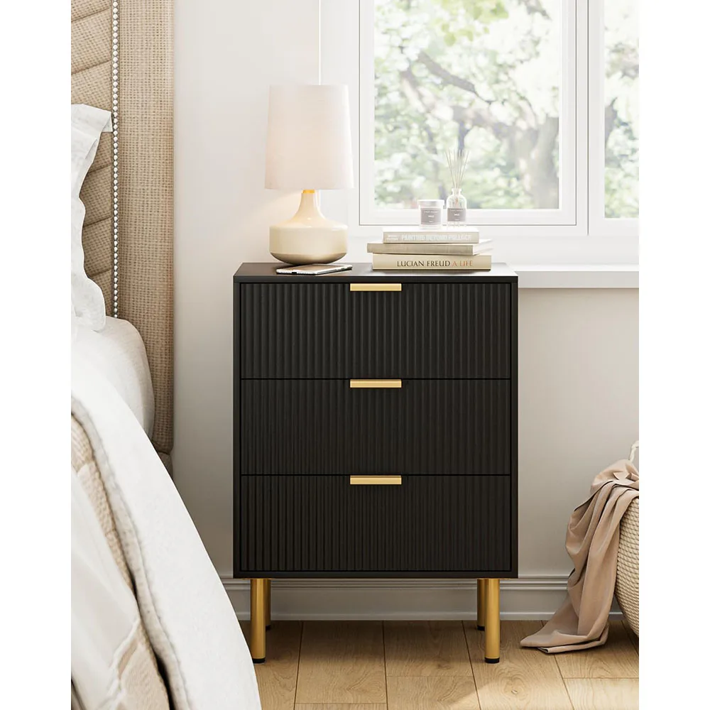 Modern Gold Frame Nightstand with 3 Storage Drawers Tall Bedside Table for Bedroom & Living Room MDF End Table Furniture factory