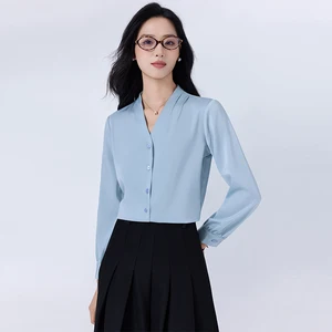 Professional Women's White Long-sleeved V-neck Shirt with Button-down Detailing, Suitable for Commuting and Formal Work Wear