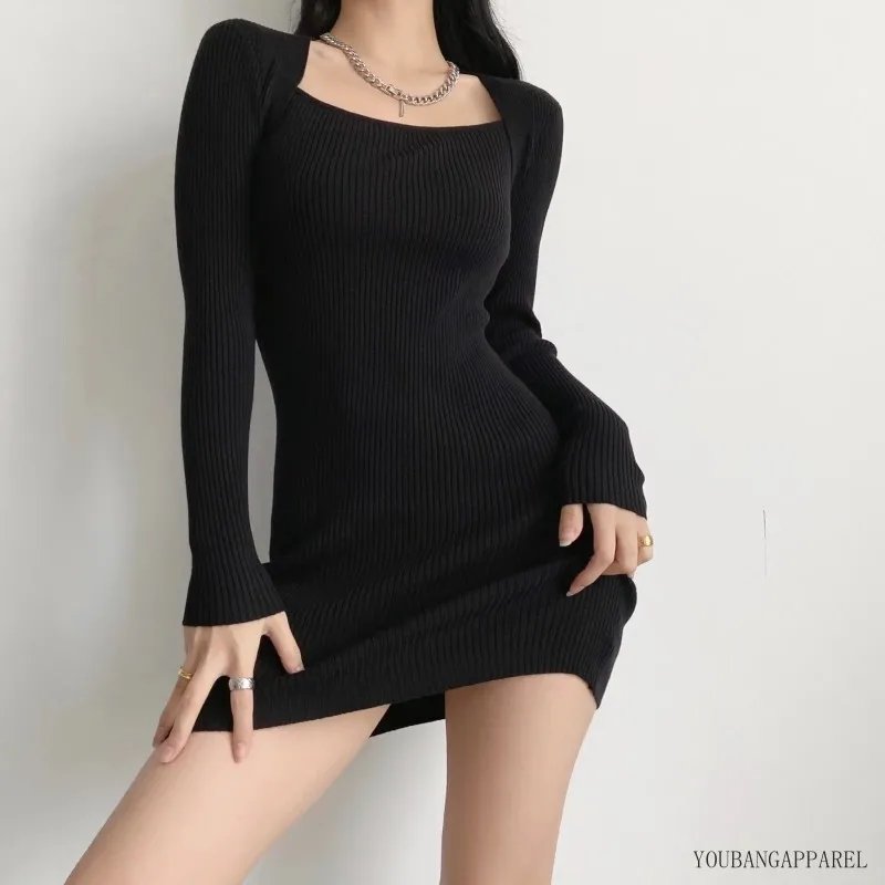 Ladies Casual U-Neck Long Sleeve Body Fit Short Sexy Sweater Dress with  Front Logo