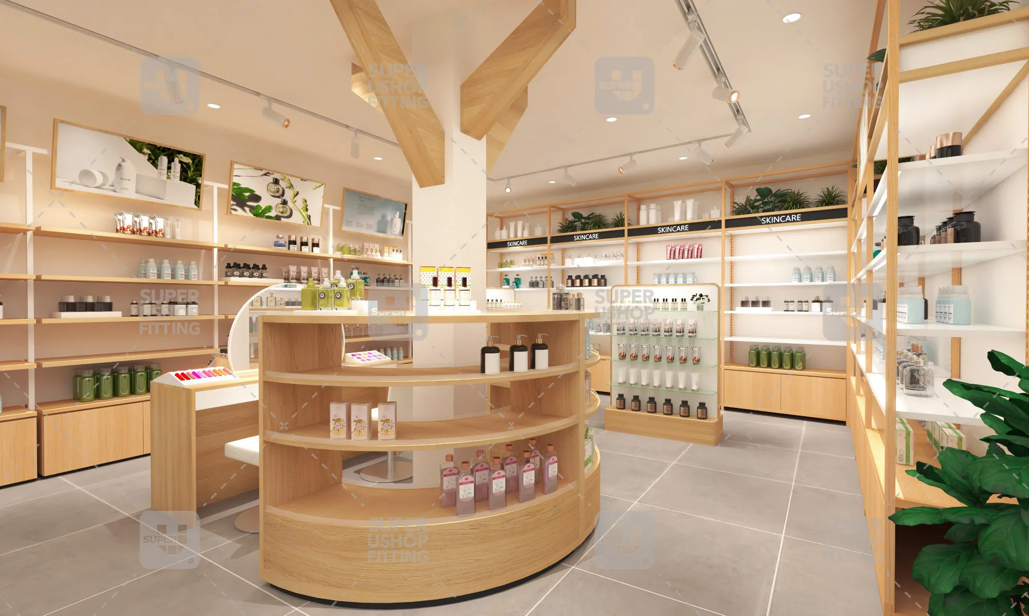 Custom Retail Skincare Display Showcase Customized Makeup Shop Interior Design Wooden Cosmetic Display Shelves