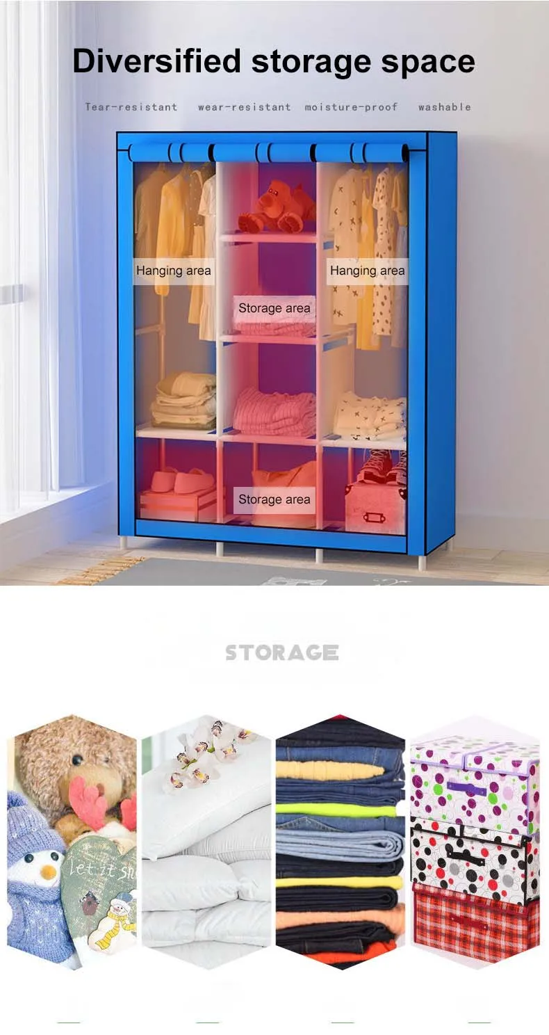 Minimalist Eco-Friendly Chinese Fabric Closet Wardrobe Removable Metal Bedroom Furniture for Living Room or Home Use