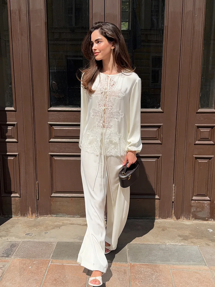 Women Satin Pajama Set Lace Trim Tie Front Long Sleeve Full Length Pants Breathable Sleepwear — detail