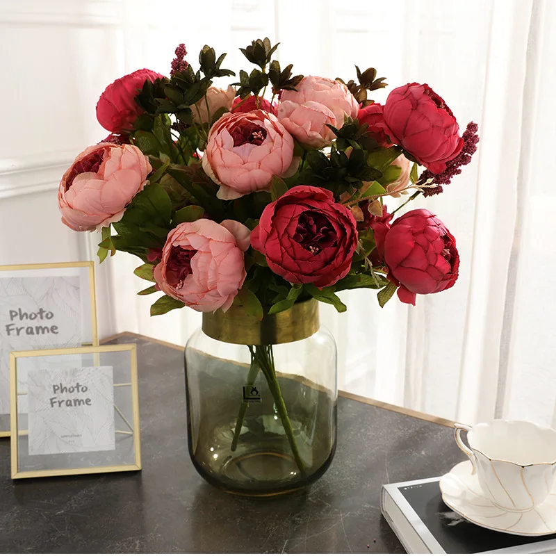 Bouquet Pivoines Artificielles 13 Têtes – Fleurs Soie Réalistes Tiges 48 Cm Pour Décoration Mariage, Maison