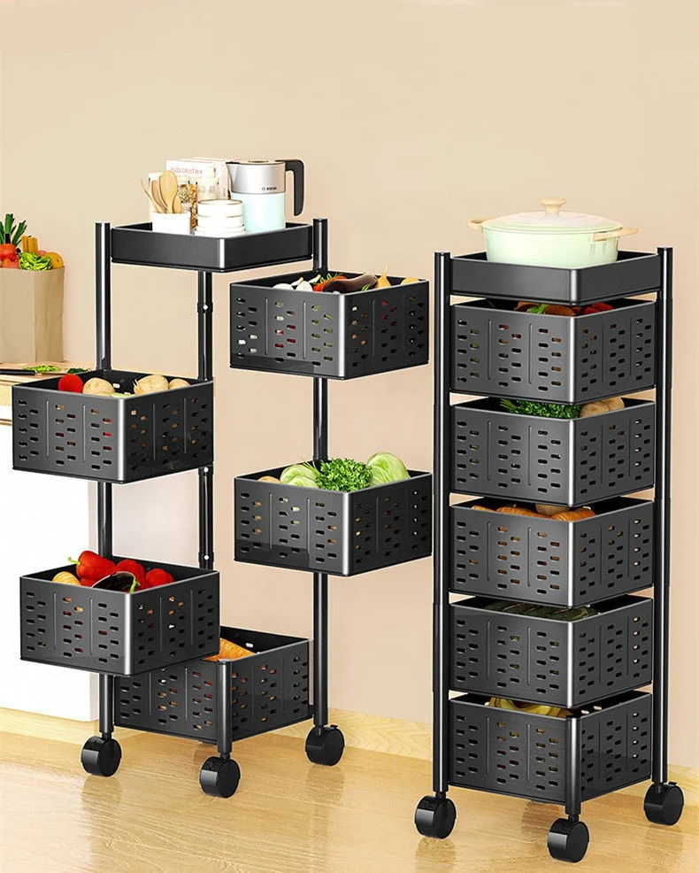 5 Layer Kitchen Shelf with Rotating Trolley Practical Storage Rack Modern Wood and Metal Furniture for Kitchen