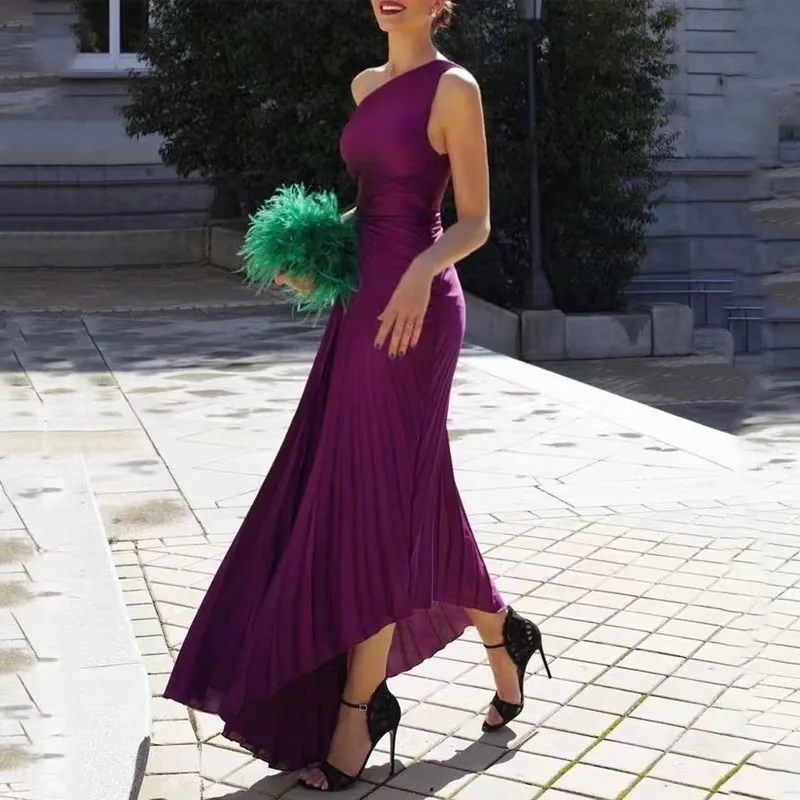 one shoulder purple dresses high waist