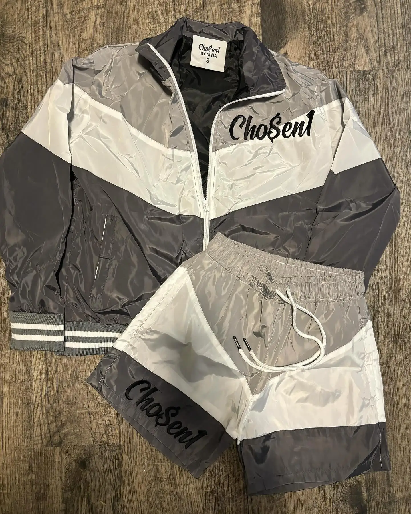 Custom Embroidery Unisex Sports Coat 2 Piece Jogger Suits Patchwork Windbreaker Nylon Zip up Jacket Tracksuit Shorts Set for Men gallery 11