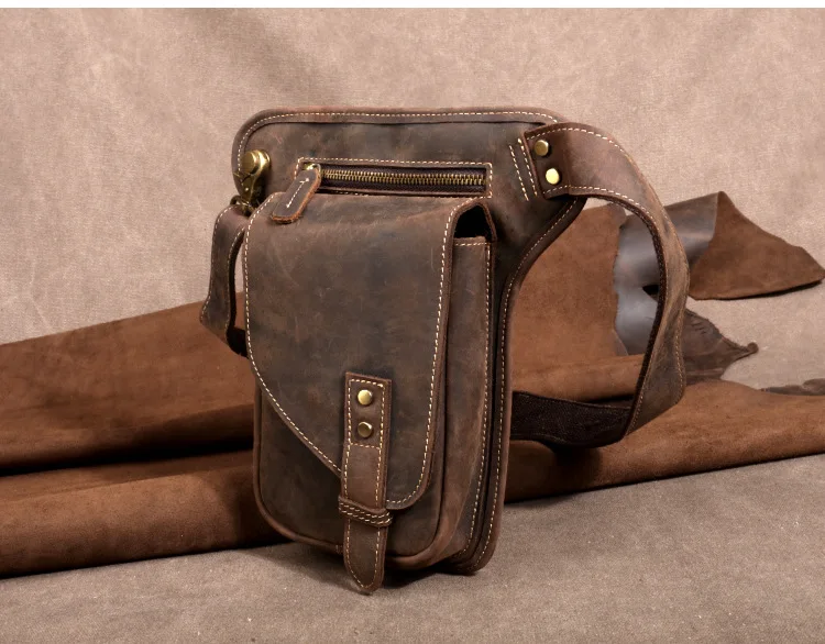 Vintage Genuine Crazy Horse Leather Waist Bag for Men Cowhide Motorcycle Crossbody Leg Saddlebags & Luggage