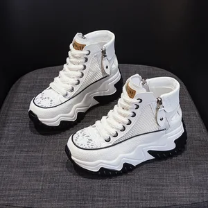 Women's Summer 2026 New Leather Mesh Dad Shoes Retro Lightweight Interior Height Increase Casual Sports Shoes Thick Bottom