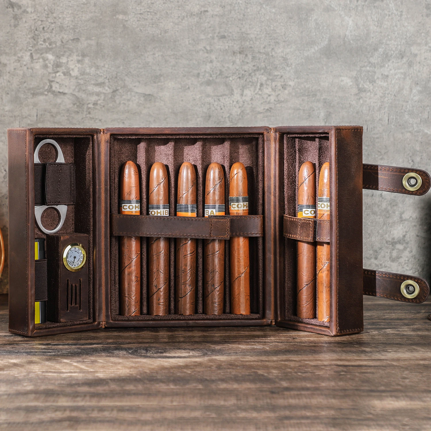 Custom Coffee Color Leather Cigar Humidor 7 Slot Portable Travel Cigar Case with Moisturizing Agent Slot