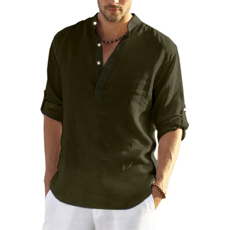 KYLEON Mens Solid T Shirt Cotton Linen Short/Long Sleeve Henley Shirt Mens Summer Button Down Hippie Shirts Beach Top 