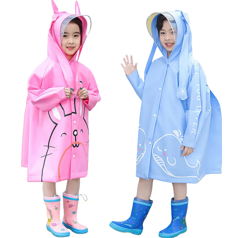 Thickened EVA Cute Cartoon Rainwear Hooded Rain Poncho with Pinch-Activated Moving 3D Ears & Backpack Protection for Children