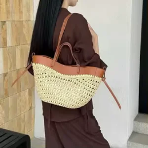 Seaside Vacation Straw Bag Large Capacity Woven Tote Bag Portable Single Shoulder Vegetable Basket Handbag