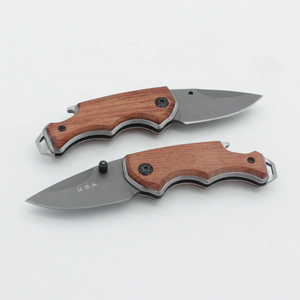 Engraved Padauk Wood Handle Grey Titanium Stainless Steel Blade Small Folding EDC Pocket Knife